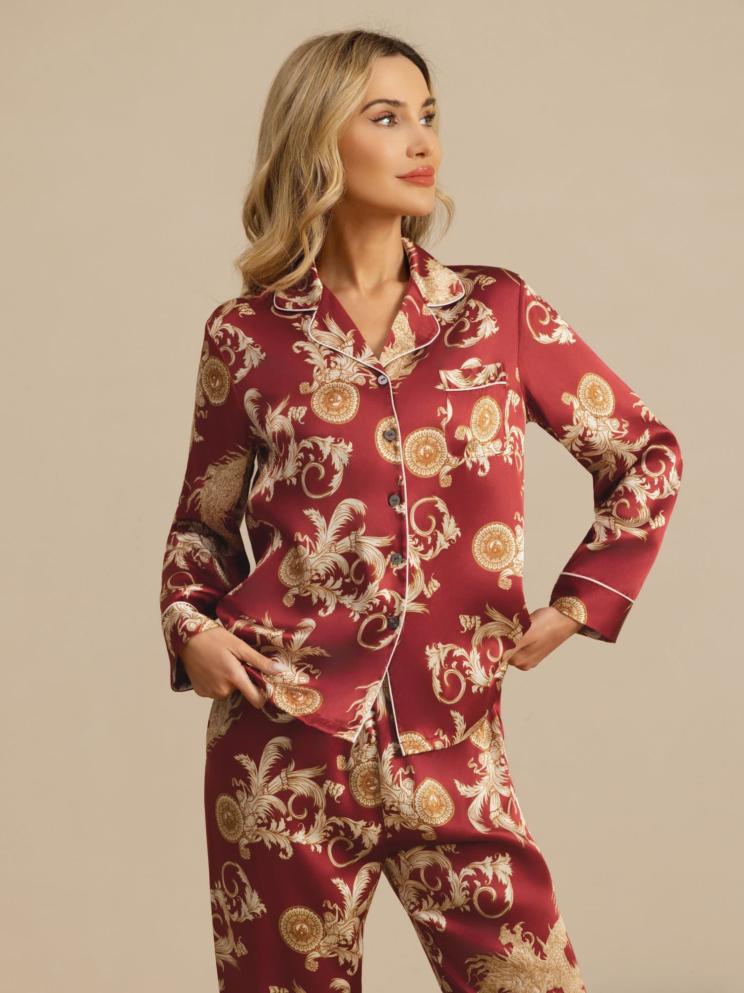 [Wine Dragon] SilkSilky  Long Sleeve Notch Collar Women's Pajamas 003