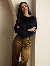 [Black] SilkSilky  19Momme Stretch Silk Charmeuse Long Sleeve Boat Neck Blouse 005