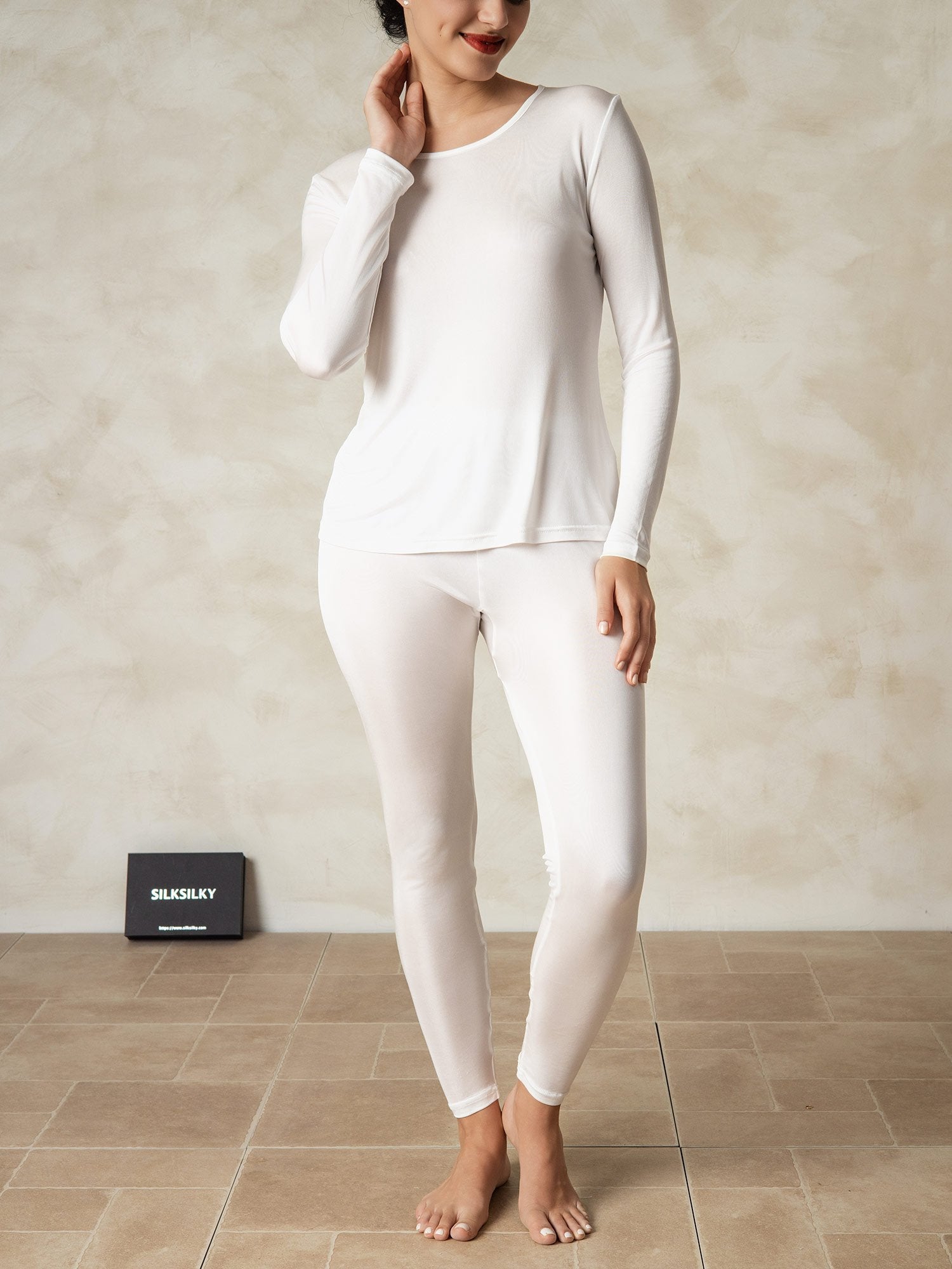 [White] SilkSilky  Silk Jersey Long Sleeve Round Neck Women's Long Johns 003