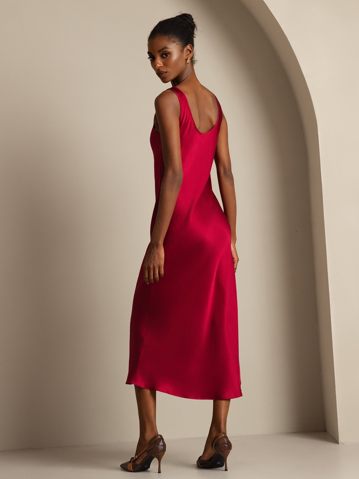 [Wine] SilkSilky  Pure Silk Boat Neck Dress 002,