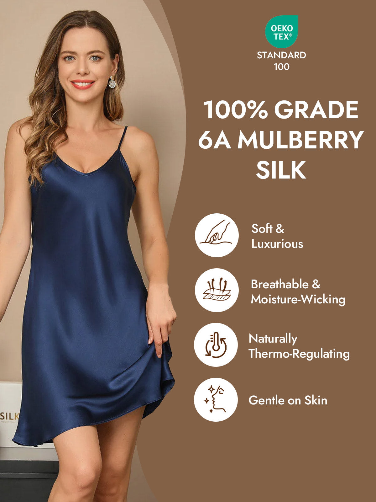 [Dark Blue] SilkSilky  Pure Silk V Neck Nightgown 004