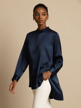 [Dark Blue] SilkSilky  19Momme Stretch Silk Charmeuse Long Sleeve Stand Collar Blouse 004