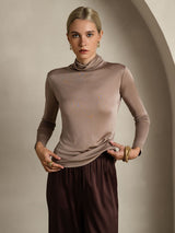 [Khaki] SilkSilky  Silk Jersey Long Sleeve Turtle Neck Women's T-Shirt 004