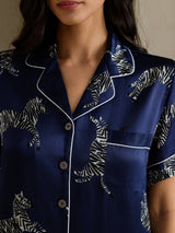 [Navy Zebra] SilkSilky  Short Sleeve Lapel Collar Women's Pajamas 004