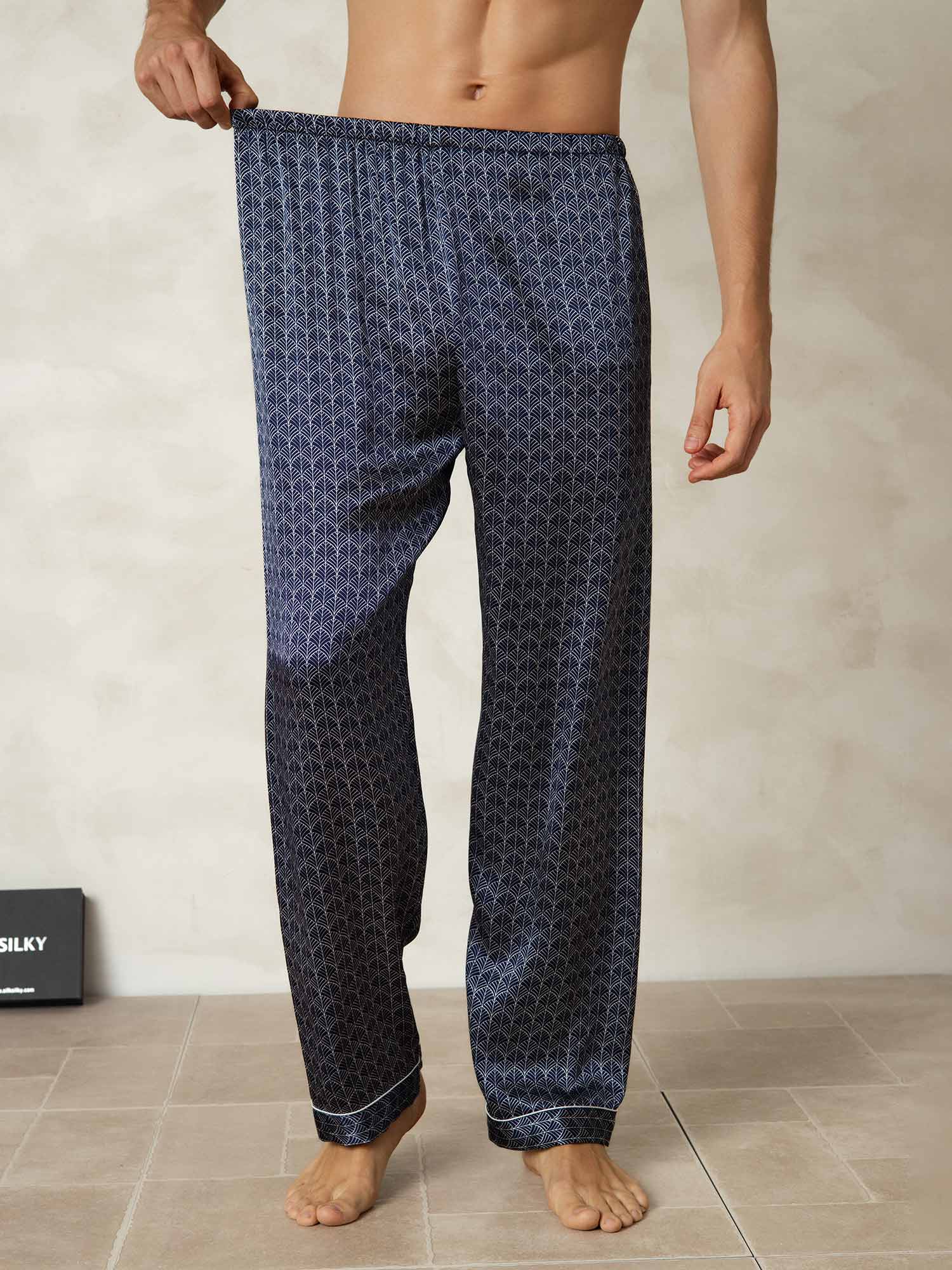 [Navy Ginkgo] SilkSilky  Pure Silk Mens Sleep Bottoms 003