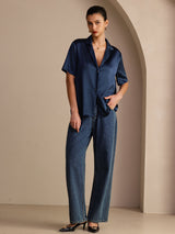 [Dark Blue] SilkSilky  Short Sleeve Notch Collar Women's Shirt 007