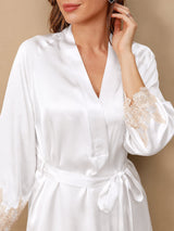 [White] SilkSilky  3/4 Sleeve V Neck Nightgown&Robe Set 004