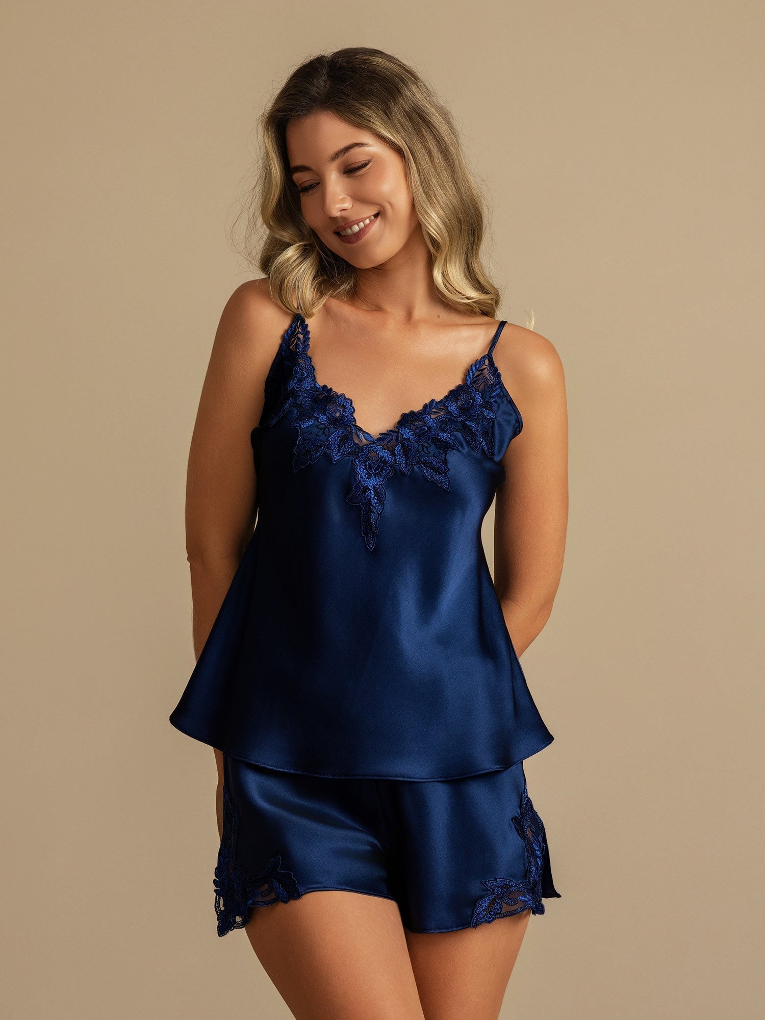[Dark Blue] SilkSilky  Pure Silk V Neck Camisole Set 001,