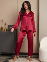 [Wine] SilkSilky  Long Sleeve Notch Collar Women's Pajamas 001