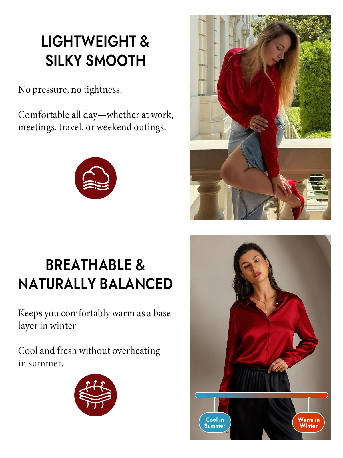 [Red] SilkSilky  Silk Long Sleeve Lapel Collar Women's Shirt 004