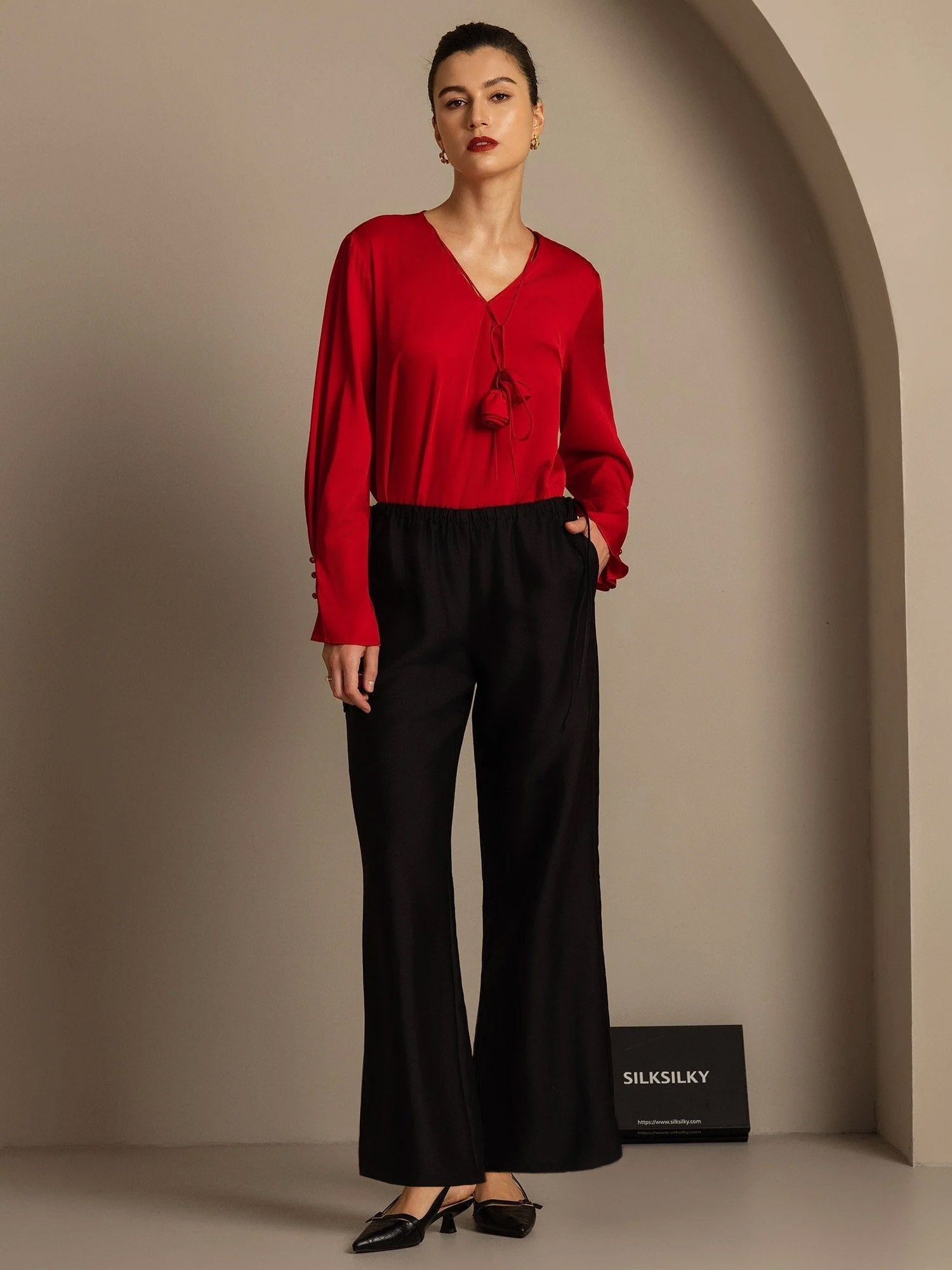 [Black] SilkSilky  32Momme Silk Womens Pants 007,