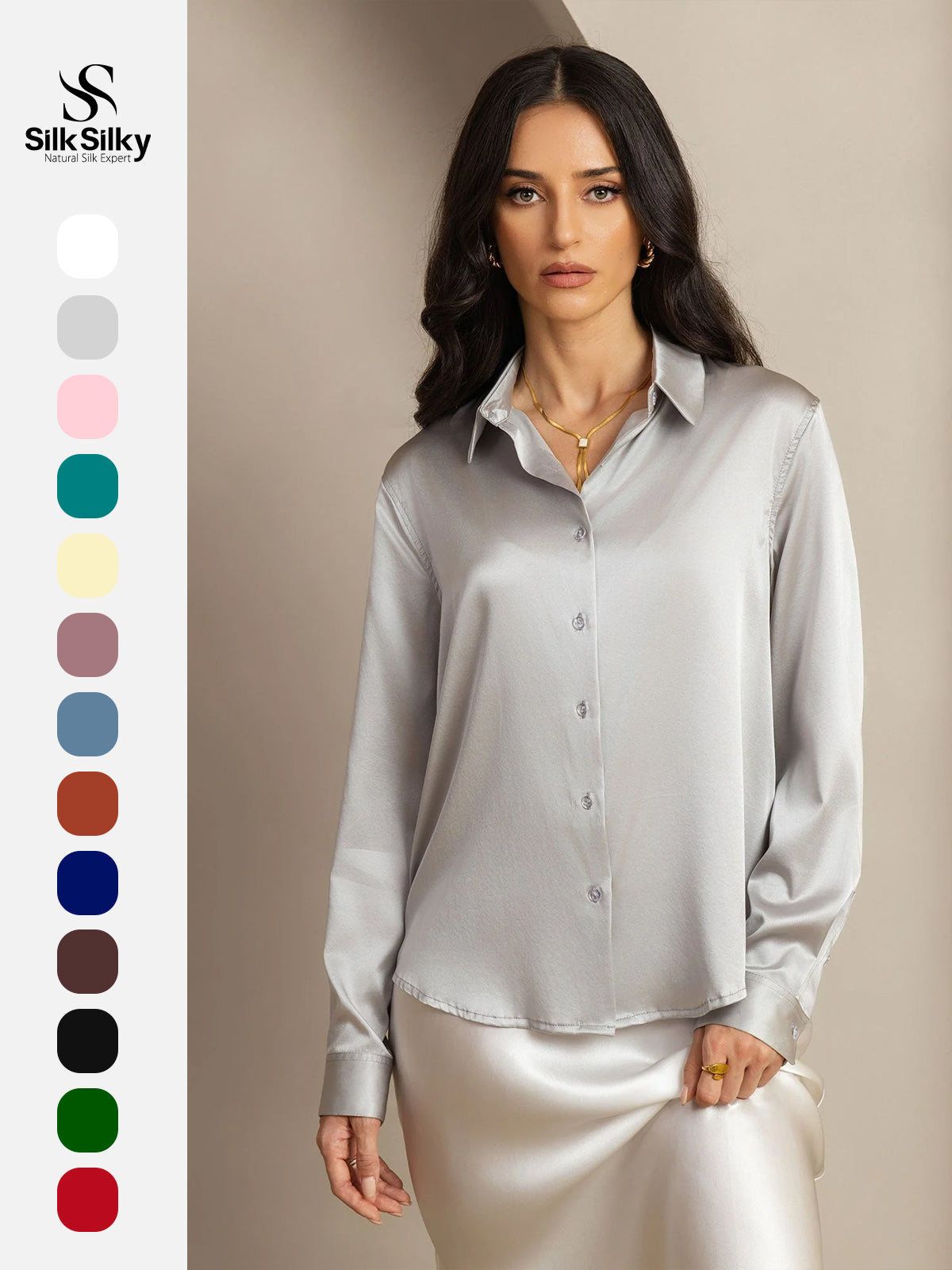 [Light Gray] SilkSilky  Silk Long Sleeve Lapel Collar Women's Shirt 001