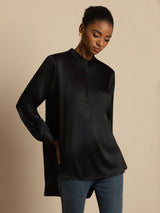 [Black] SilkSilky  19Momme Stretch Silk Charmeuse Long Sleeve Stand Collar Blouse 001