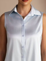 [Light Blue] SilkSilky  Sleeveless Lapel Collar Women's Shirt 004