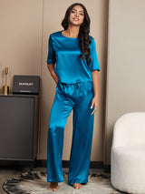[Teal] SilkSilky  Half Sleeve Round Neck Women's Pajamas 004