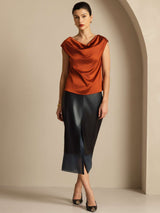 [Caramel] SilkSilky  19Momme Stretch Silk Charmeuse Cap Sleeve Cowl Neck Women's T-Shirt 007