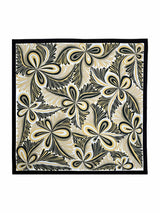 Pure silk square scarf with abstract floral pattern, deep green, gold, beige and blue