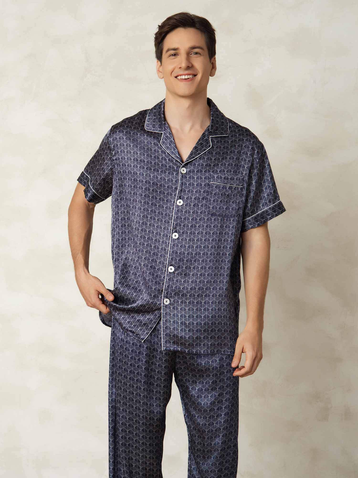 [NavyGinkgo] SilkSilky Pure Silk Lapel Collar Men's Pajamas 004