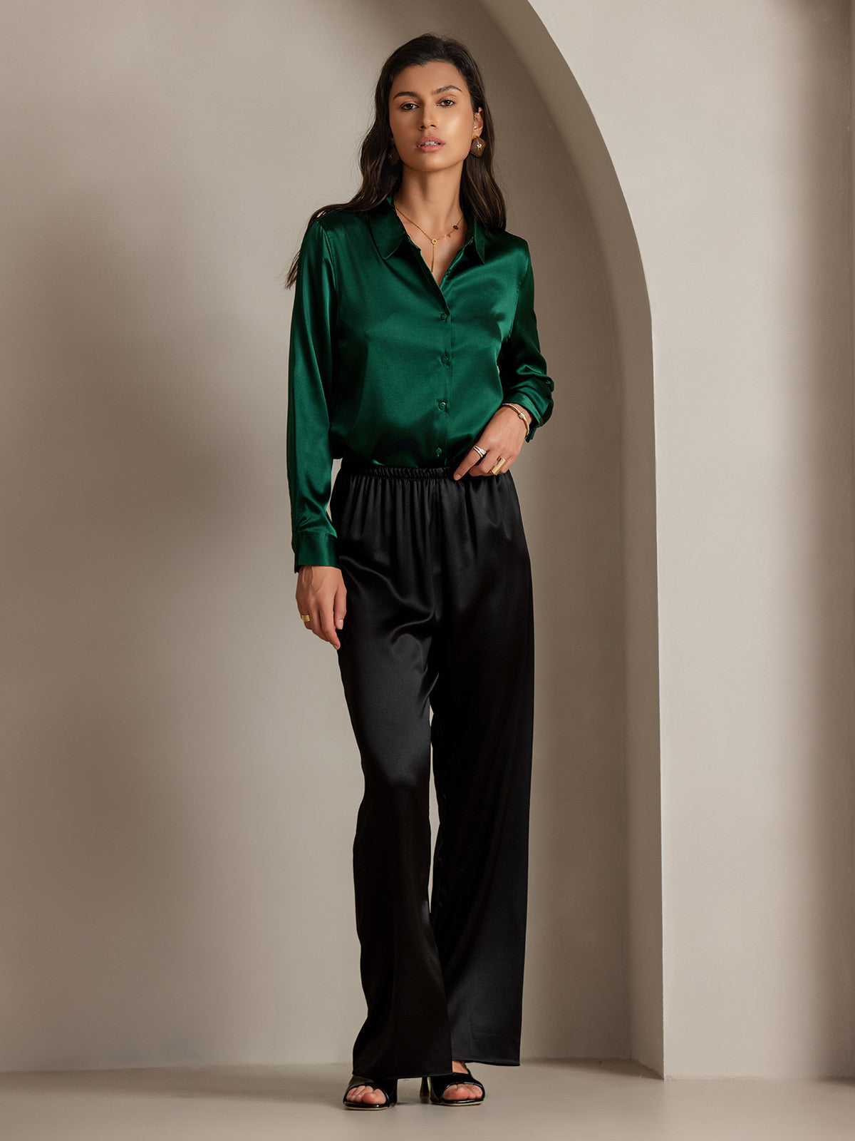 [Dark Green] SilkSilky  Silk Long Sleeve Lapel Collar Women's Shirt 005