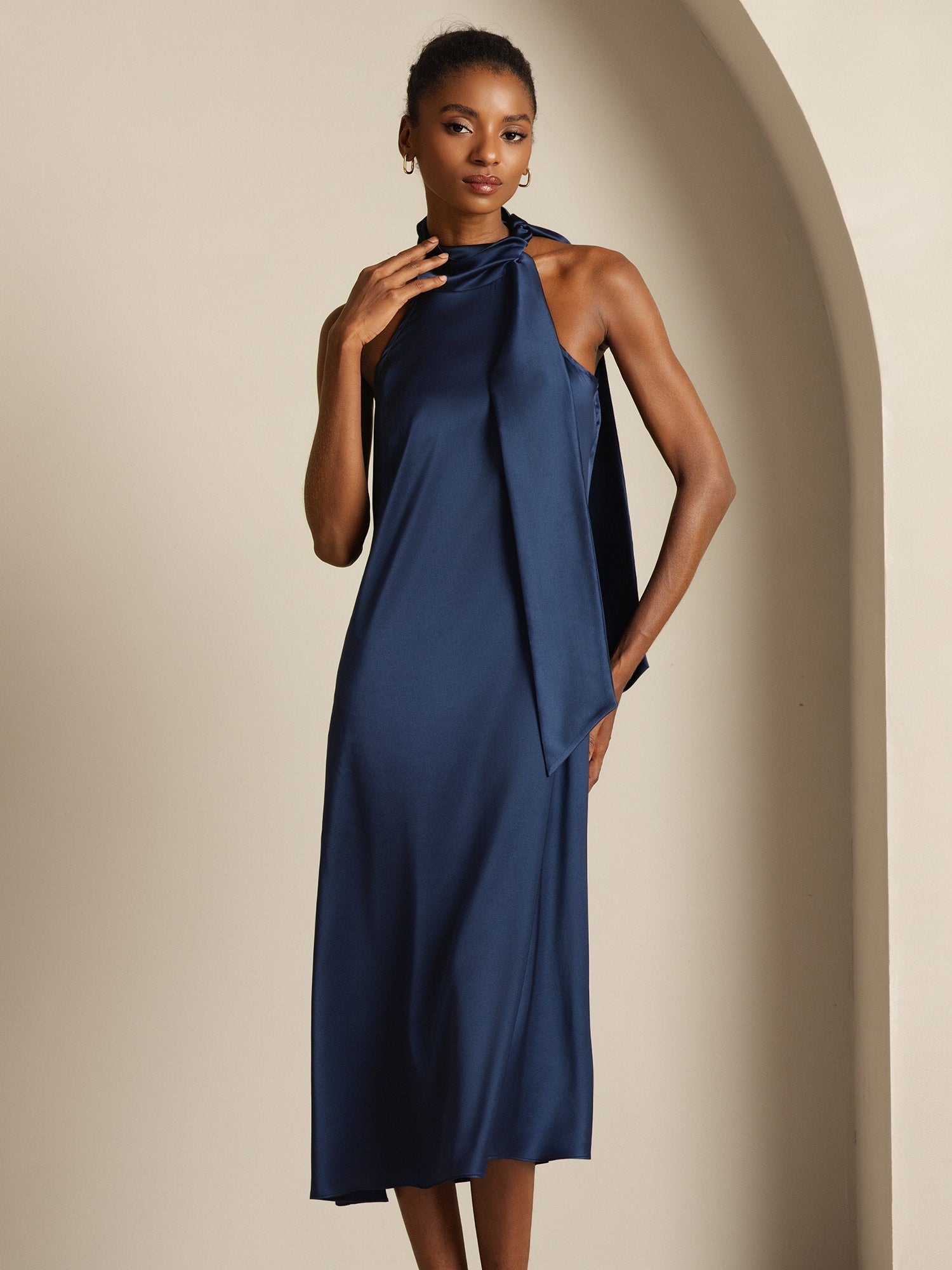 [Dark Blue] SilkSilky  19Momme Silk Tie Neck Dress 007,