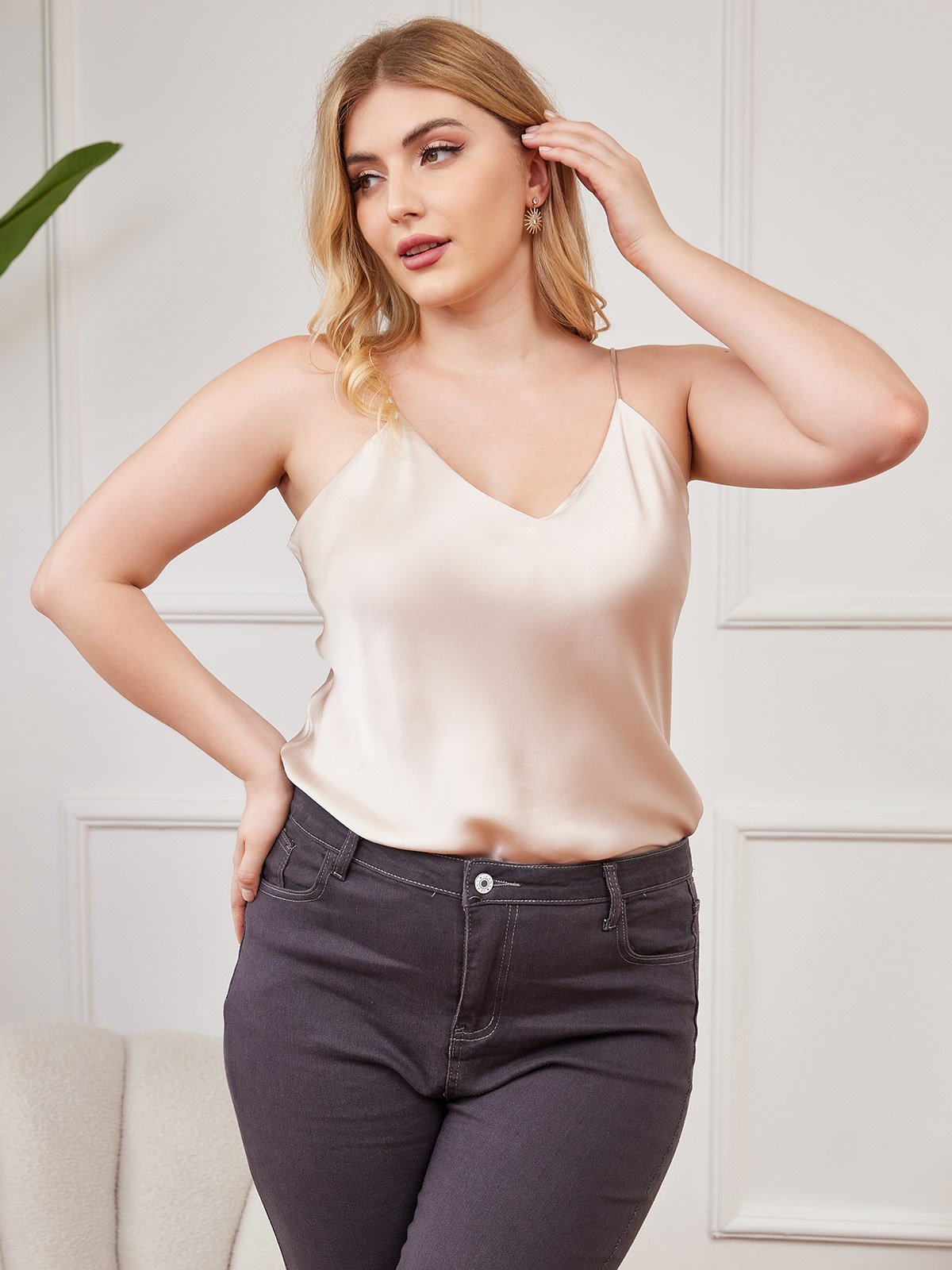 SilkSilky US Pure Silk Deep V Neck Plus Size Camisole Top Beige 003