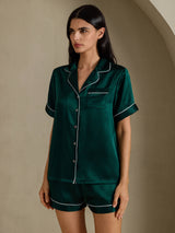 [Dark Green] SilkSilky  Short Sleeve Lapel Collar Women's Pajamas 003
