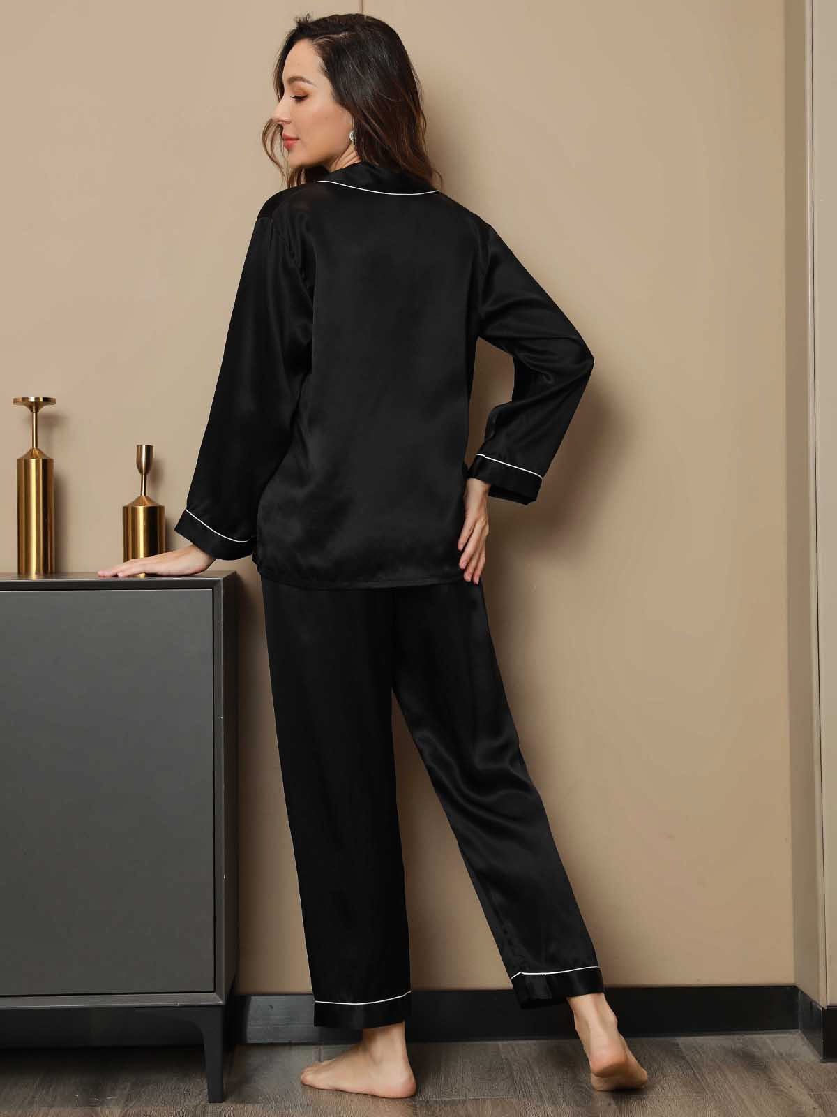 SilkSilky US Pure Silk Long Sleeve Lapel Women's Pajamas Black 002