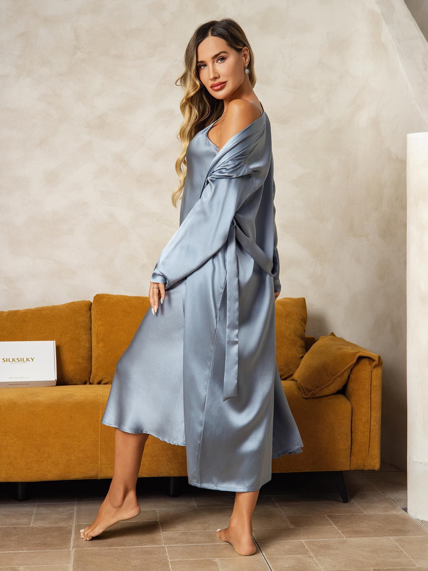 [GrayishBlue] SilkSilky Pure Silk Wrap Nightgown&Robe Set 002