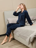 SilkSilky  Pure Silk Long Sleeve Lapel Women's Pajamas DarkBlue 005