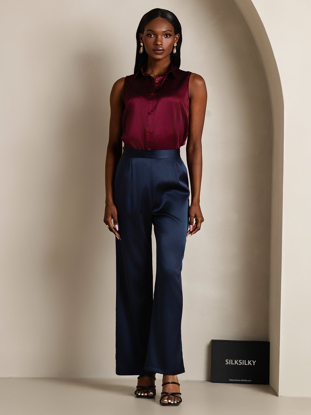 SilkSilky 19Momme Silk Sleeveless Collar Women's Shirt DarkRed 006