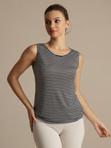 [White Stripe] SilkSilky  100% Silk Jersey Sleeveless Round Neck Camisole Top 004