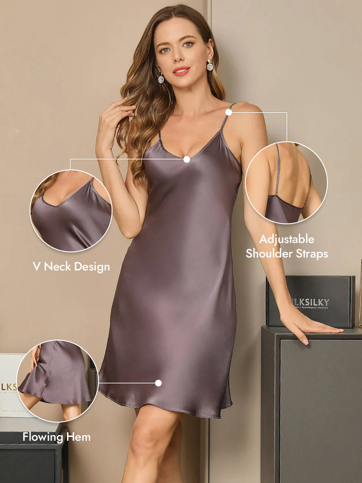 [Purple Gray] SilkSilky  Pure Silk V Neck Nightgown 005