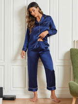 [Dark Blue] SilkSilky  Long Sleeve Notch Collar Women's Pajamas 002