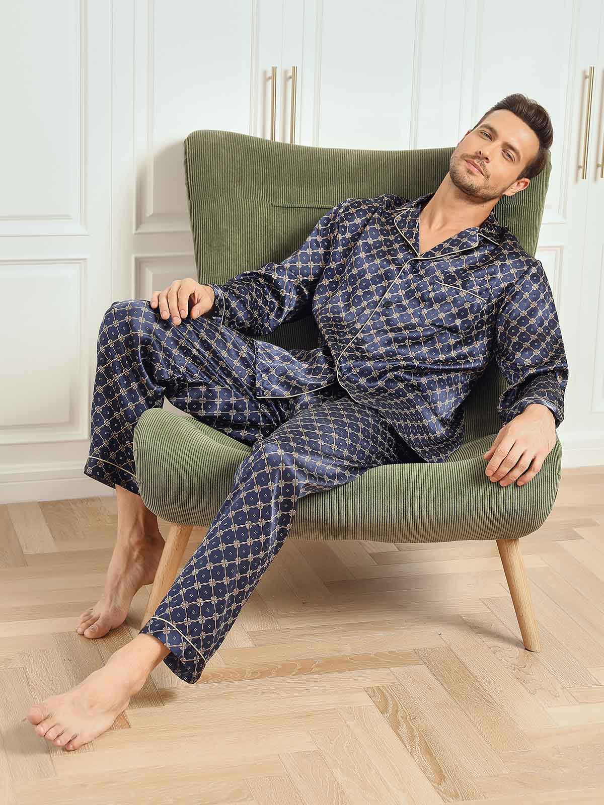 SilkSilky US 19Momme Pure Silk Long Sleeve Lapel Men's Pajamas DarkBlue 007