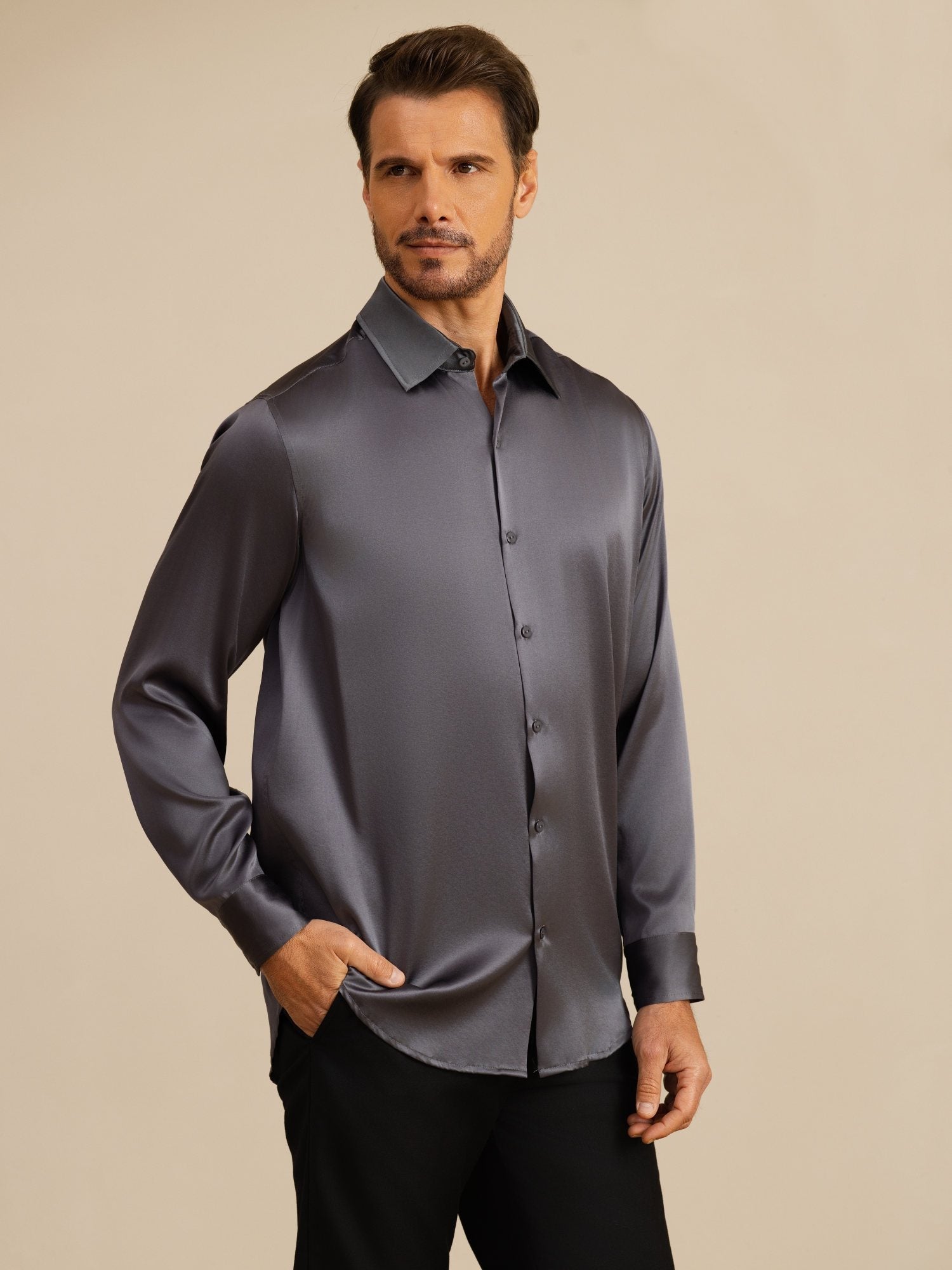 SilkSilky 19Momme Silk Men's Long Sleeve Lapel Collar Classic Business Shirt, Dark Gray / XL(42)