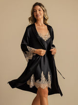 [Black] SilkSilky  3/4 Sleeve V Neck Nightgown&Robe Set 007
