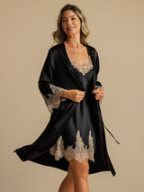[Black] SilkSilky  3/4 Sleeve V Neck Nightgown&Robe Set 007