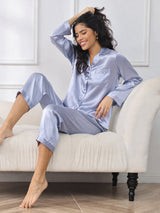 [Steel Blue] SilkSilky  Long Sleeve Lapel Collar Women's Pajamas 003