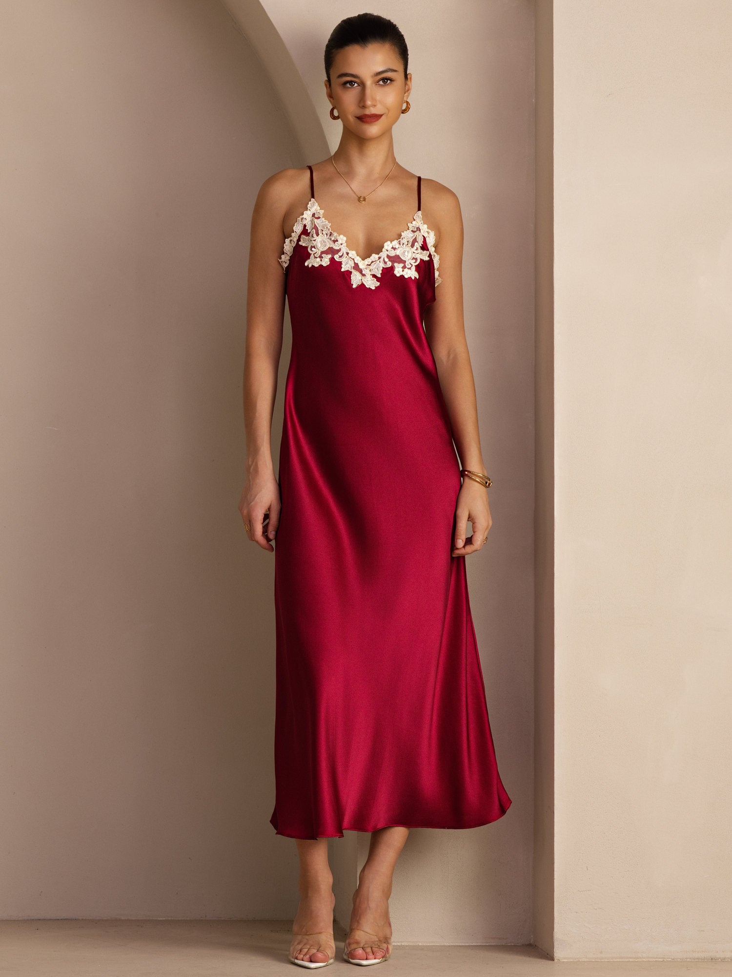 SilkSilky 100% Mulberry Silk Spaghetti Strap V Neck Midi Dress with Lace V-Back Design, Wine / XL