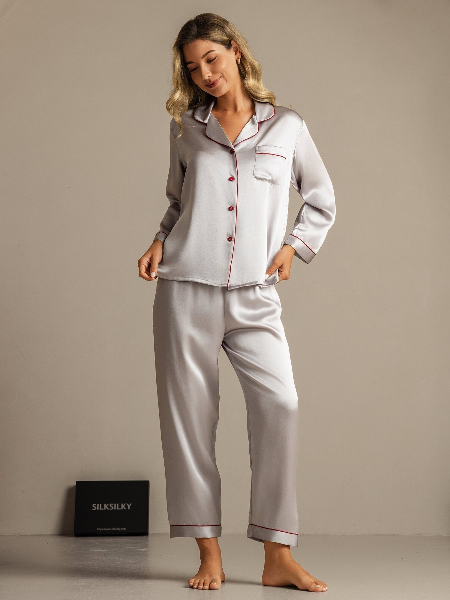 [Silver] SilkSilky  Long Sleeve Notch Collar Women's Pajamas 006