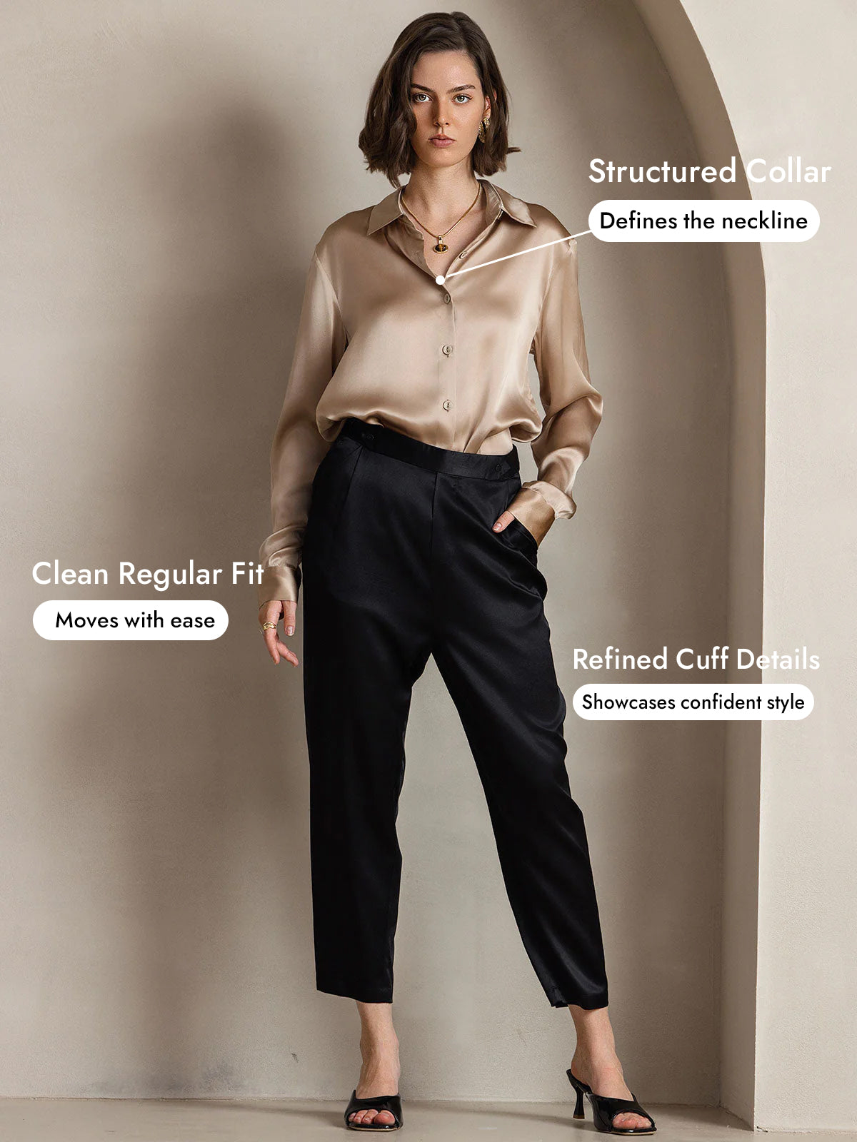 [Champagne] SilkSilky  Silk Long Sleeve Lapel Collar Women's Shirt 005