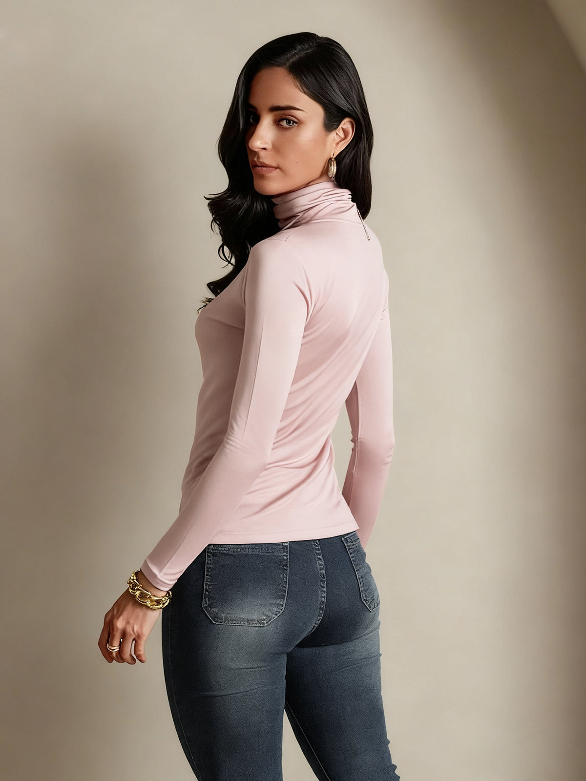 [Coral Pink] SilkSilky  Silk Long Sleeve High Neck Women's T-Shirt 002