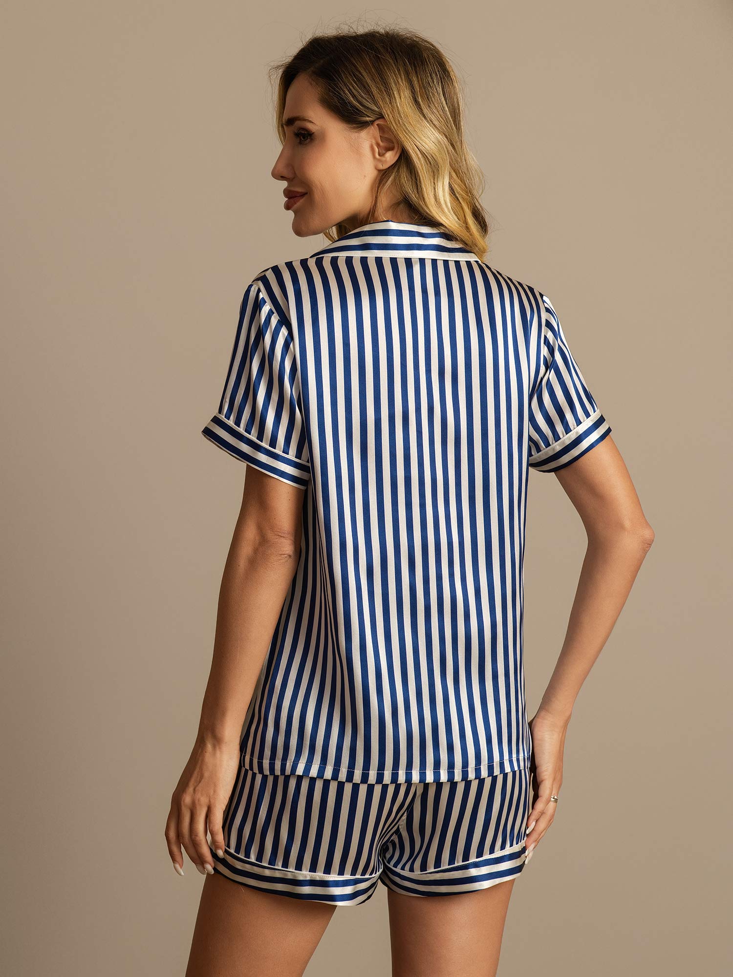 [Dark Blue] SilkSilky  Pure Silk Notch Collar Women's Pajamas 002,