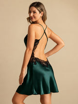 [Emerald Green] SilkSilky  Spaghetti Strap V Neck Nightgown 002