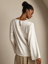[White] SilkSilky  19Momme Stretch Silk Charmeuse Long Sleeve Boat Neck Blouse 002