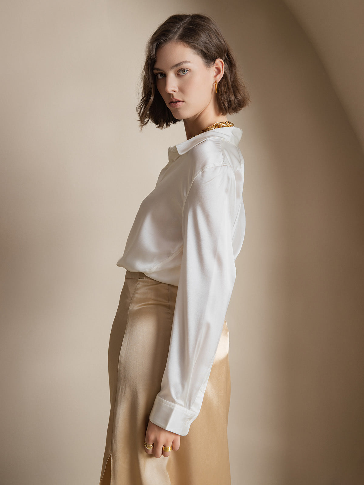 [White] SilkSilky  Silk Long Sleeve Lapel Collar Women's Shirt 004