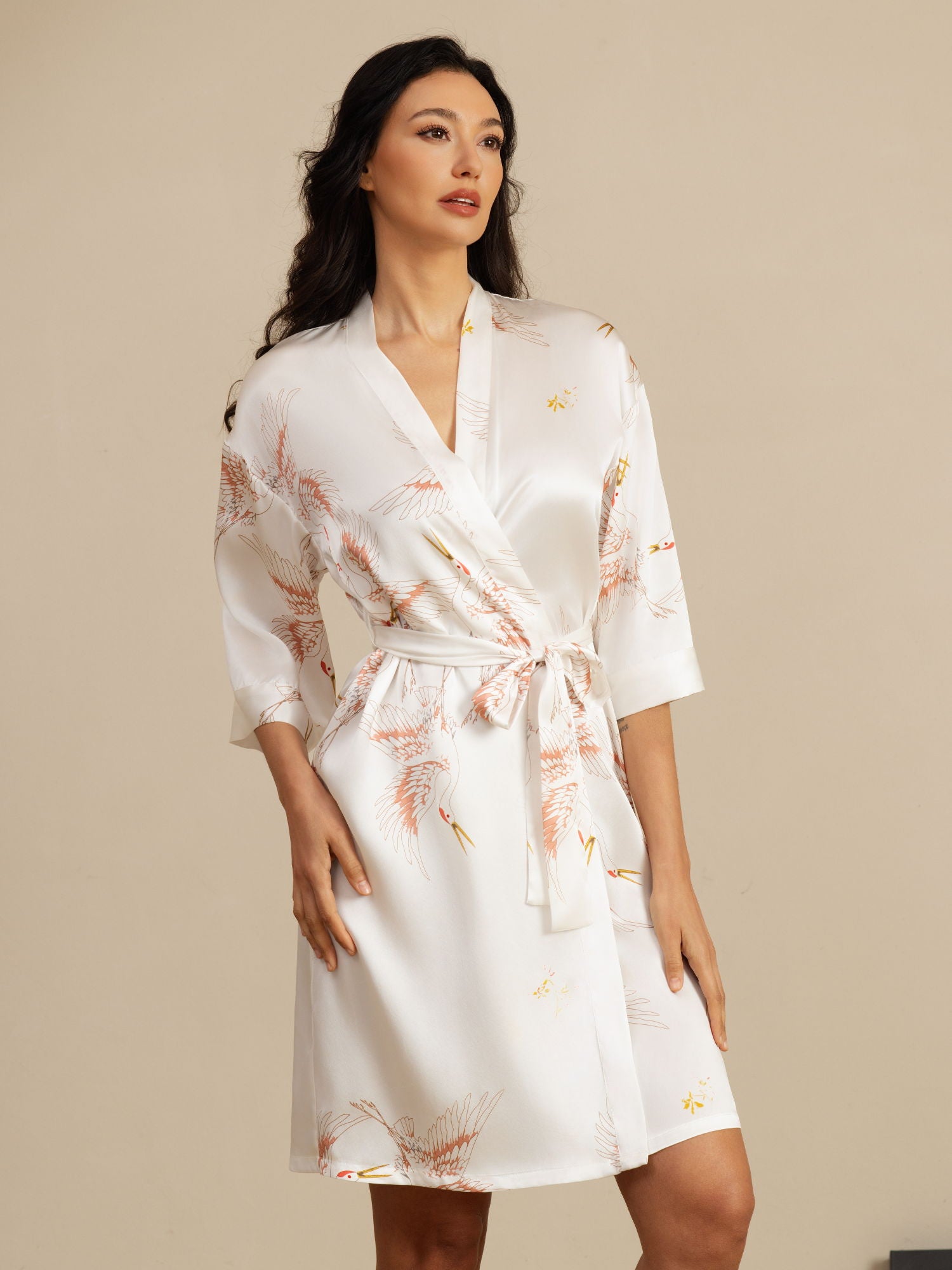 [White] SilkSilky  19Momme 3/4 Sleeve Women's Robe 001