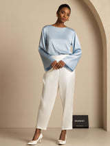 [Grayish Blue] SilkSilky  19Momme Stretch Silk Charmeuse Long Sleeve Boat Neck Blouse 008