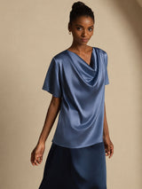 [Real Teal] SilkSilky  Short Sleeve Cowl Neck Women's Blouse 007