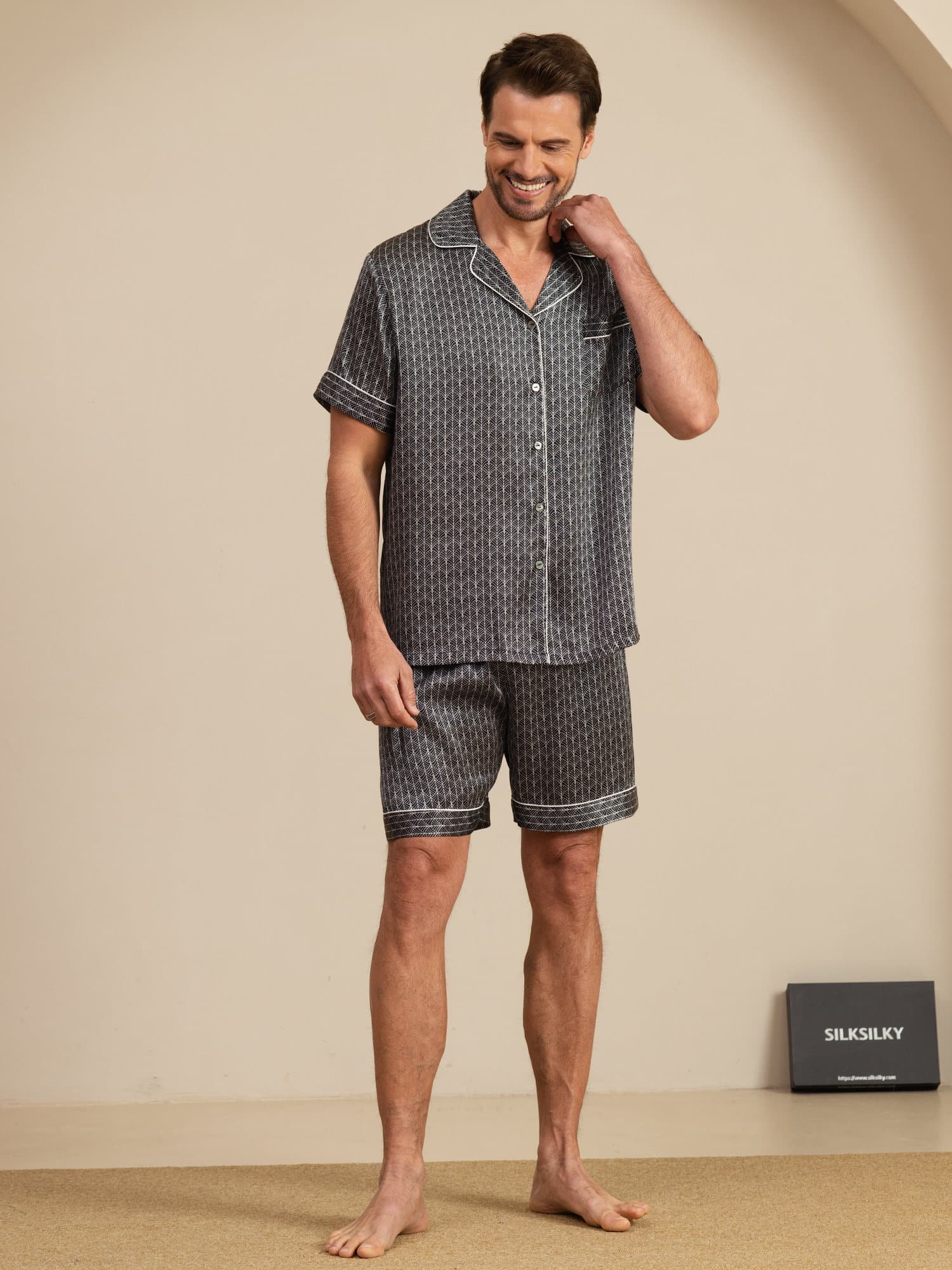 [Black Ginkgo] SilkSilky  Short Sleeve Notch Collar Men's Pajamas 003